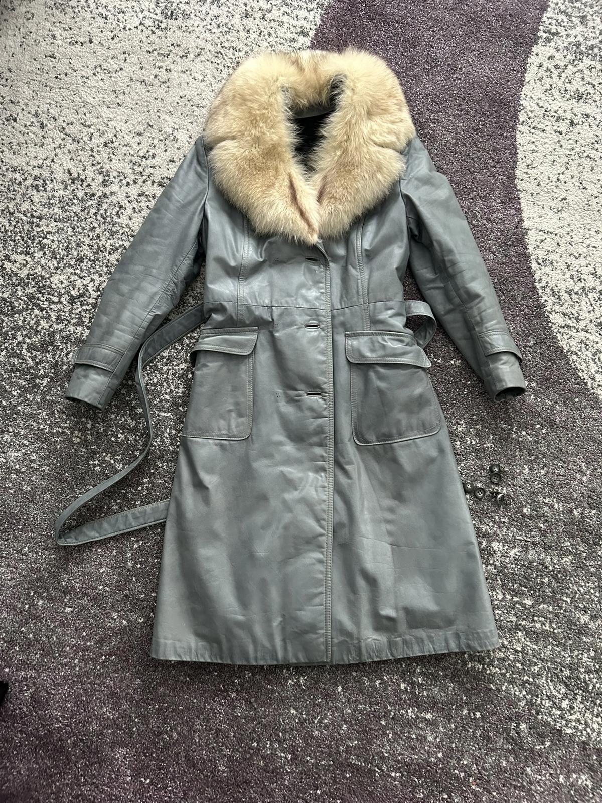 Women's Gray Leather Trench Coat with Real Fur Collar