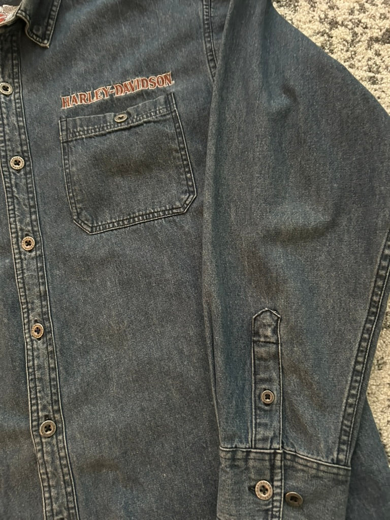Vintage Harley-Davidson Denim Skull Flame Button-Up