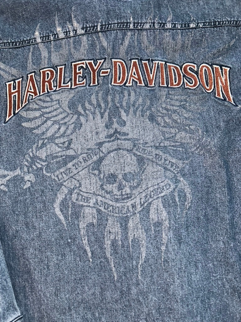 Vintage Harley-Davidson Denim Skull Flame Button-Up