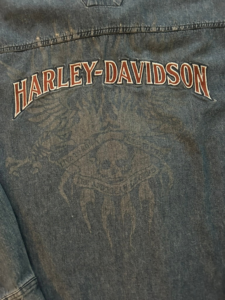 Vintage Harley-Davidson Denim Skull Flame Button-Up