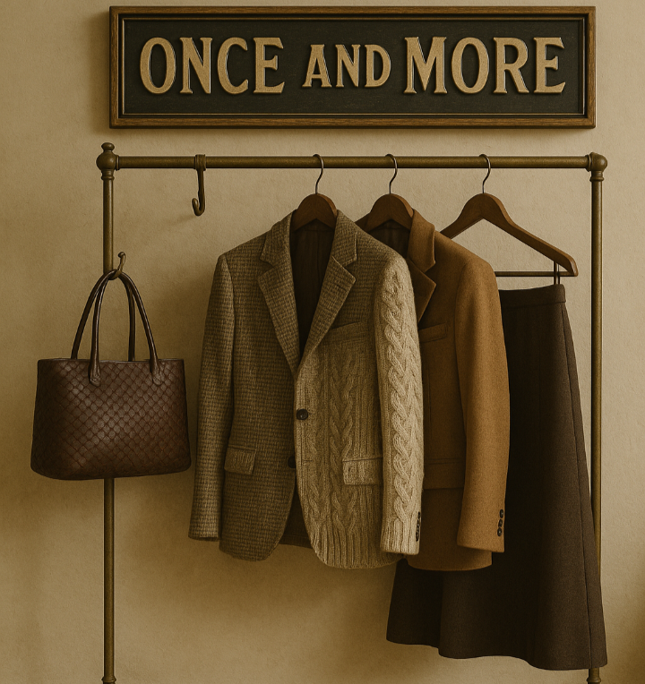 Clothing rack with jackets, a coat, and shoes against a wall with 'Once and More' sign.