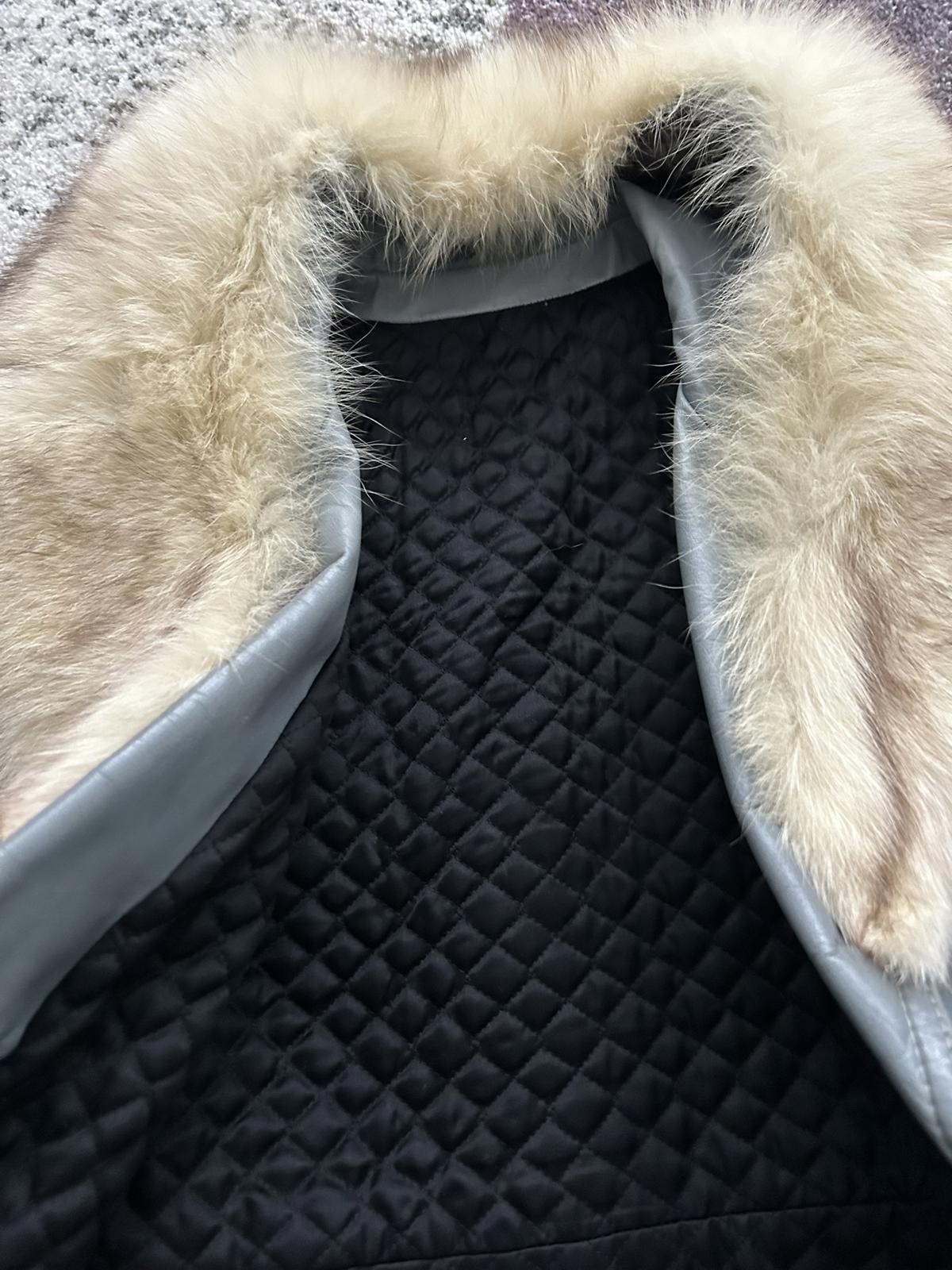 Women's Gray Leather Trench Coat with Real Fur Collar