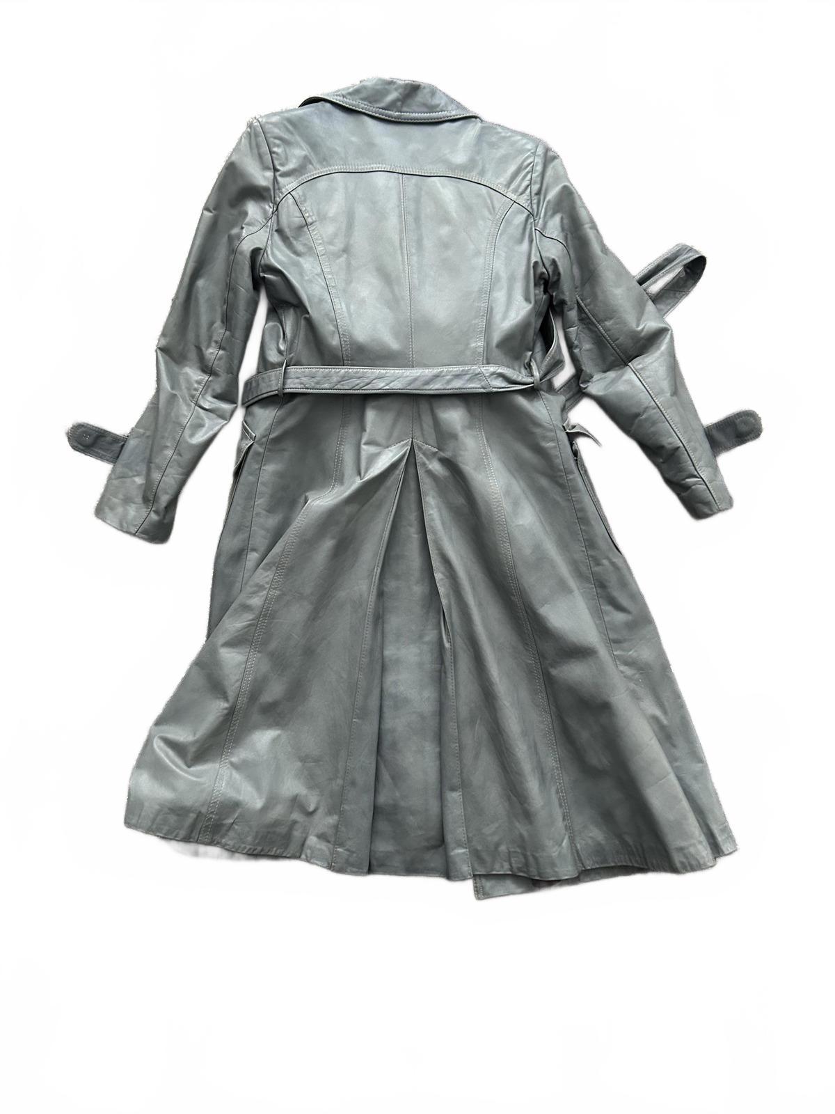 Women's Gray Leather Trench Coat with Real Fur Collar