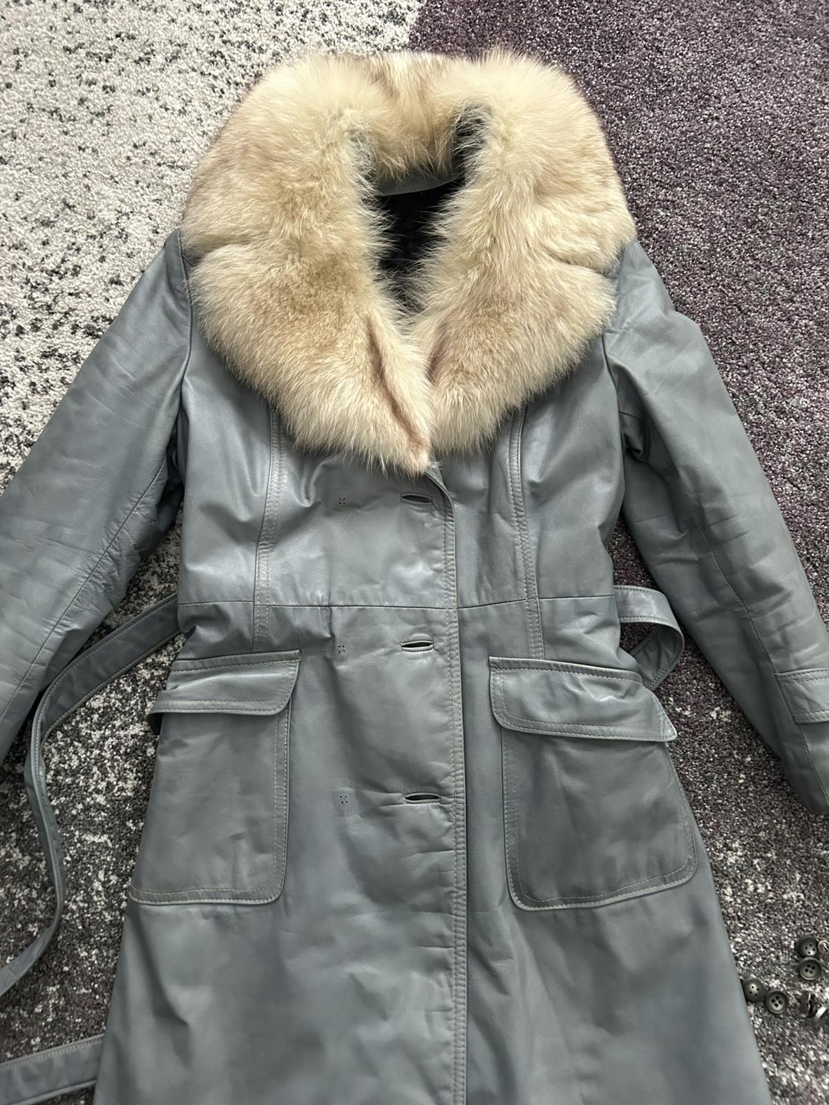Women's Gray Leather Trench Coat with Real Fur Collar