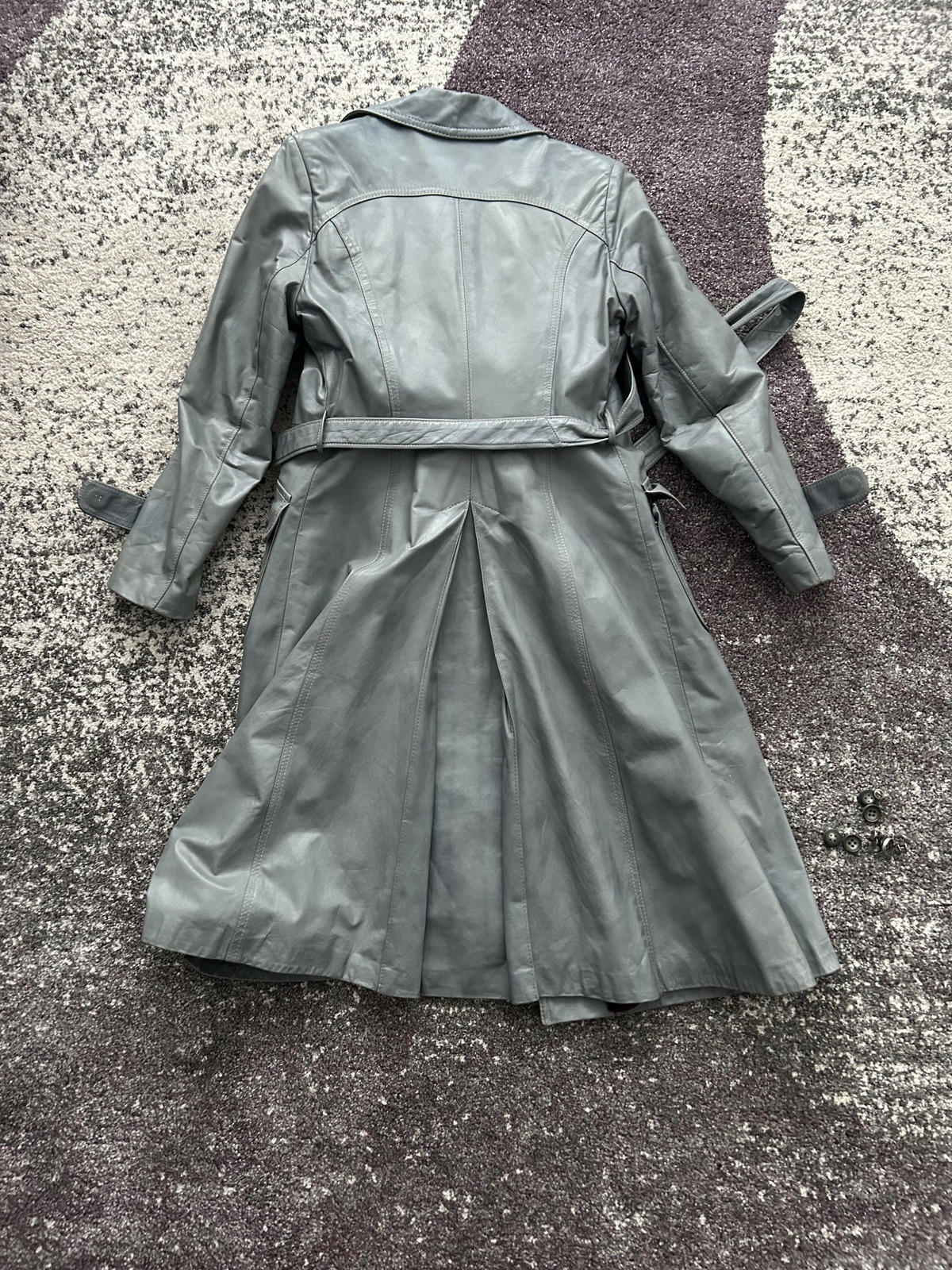 Women's Gray Leather Trench Coat with Real Fur Collar