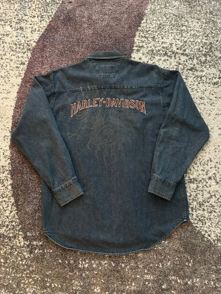 Vintage Harley-Davidson Denim Skull Flame Button-Up