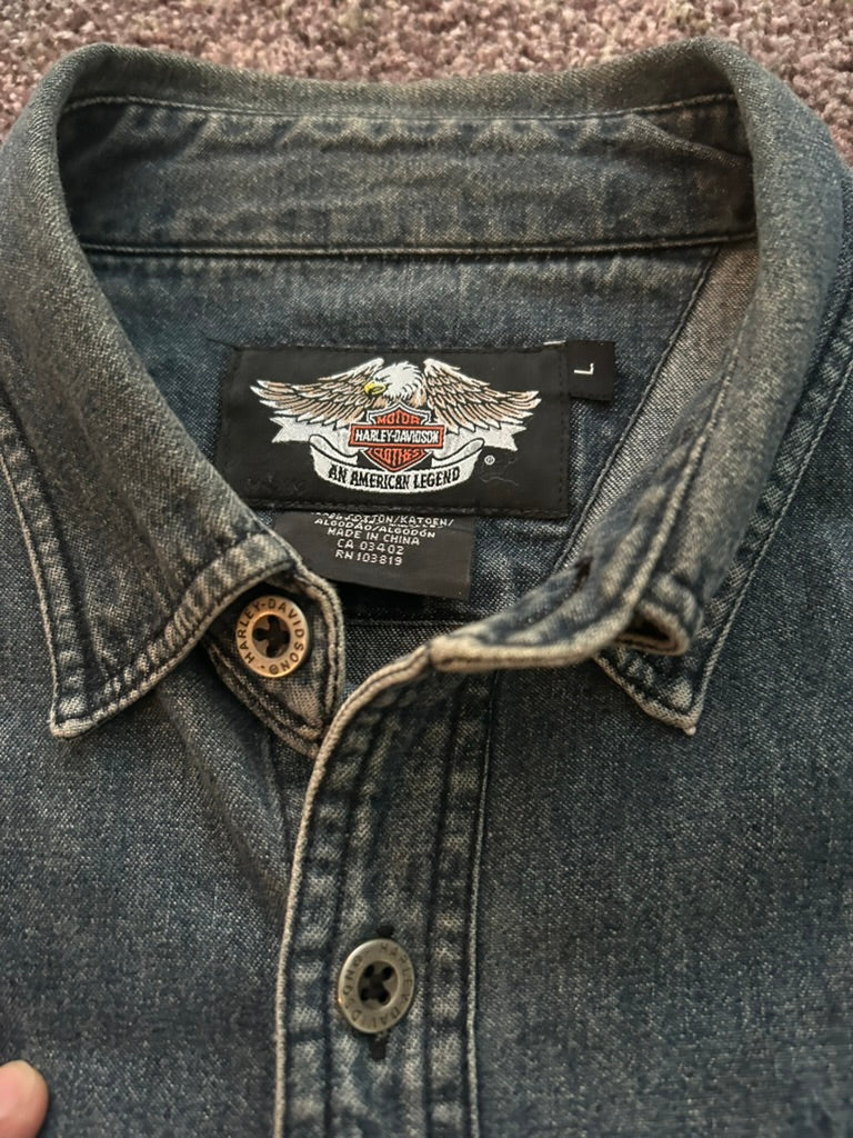 Vintage Harley-Davidson Denim Skull Flame Button-Up