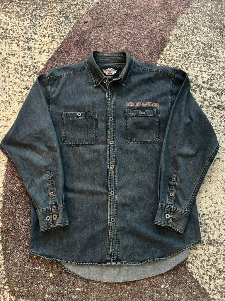 Vintage Harley-Davidson Denim Skull Flame Button-Up