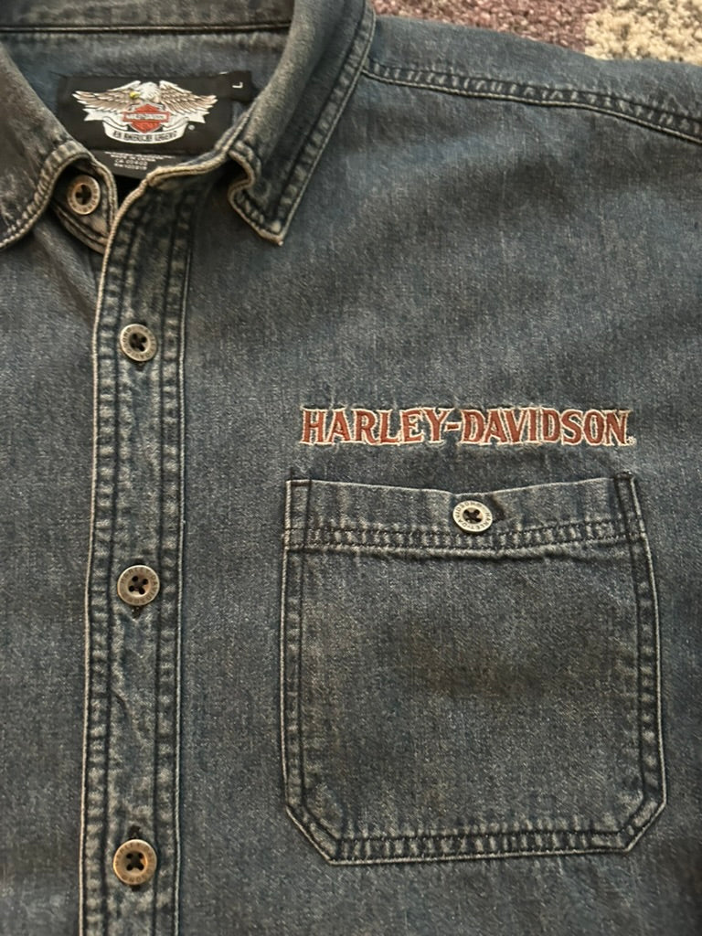 Vintage Harley-Davidson Denim Skull Flame Button-Up