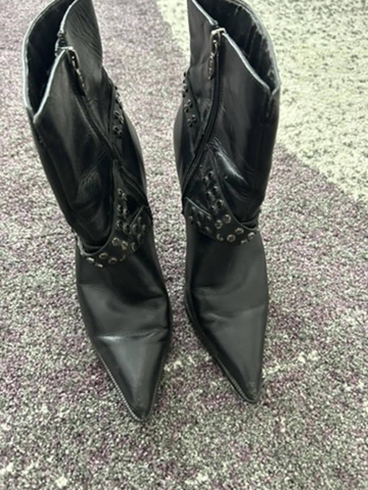 Black Leather Women's Ankle Boots with Studded Straps