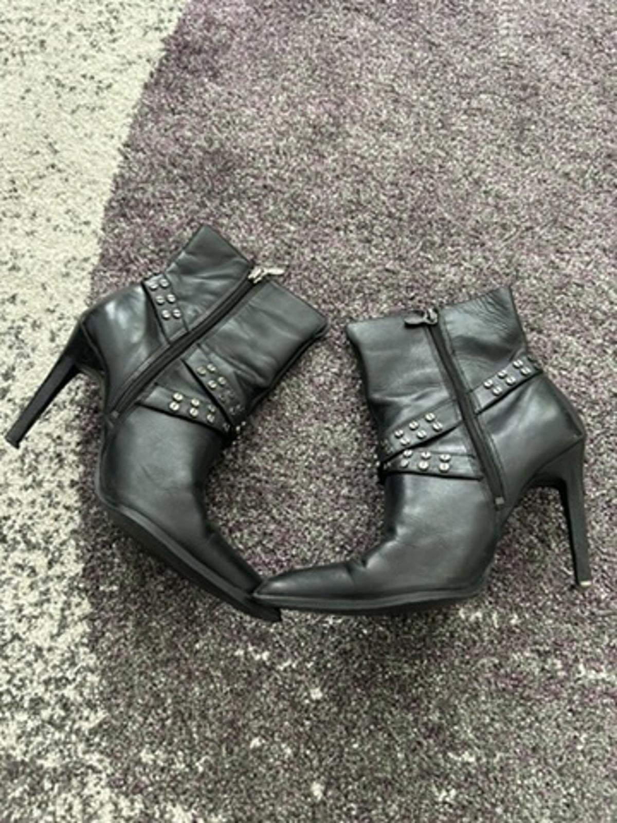 Black Leather Women's Ankle Boots with Studded Straps