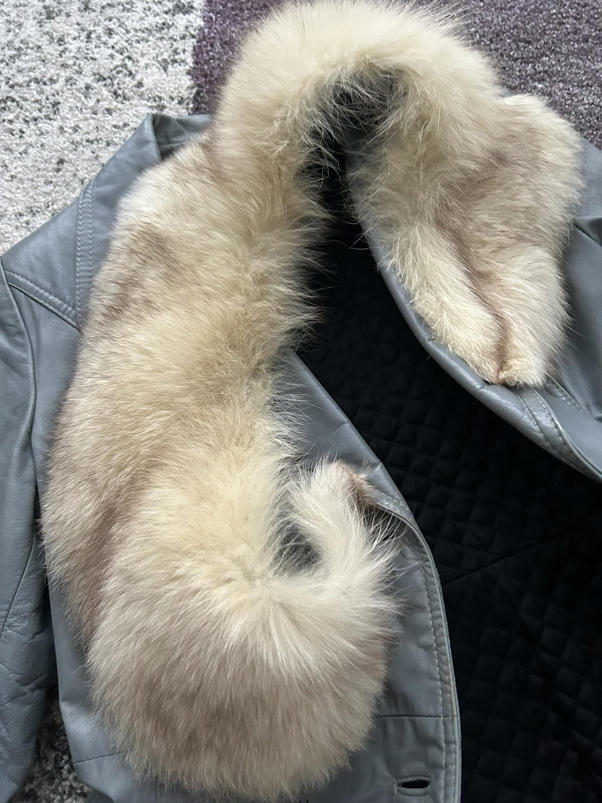 Women's Gray Leather Trench Coat with Real Fur Collar