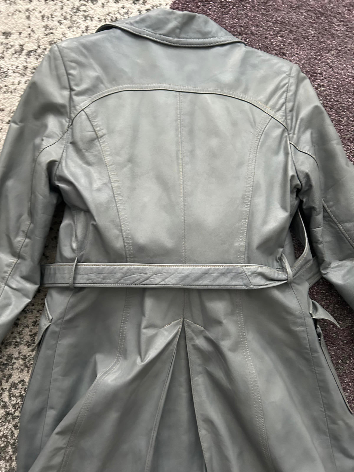 Women's Gray Leather Trench Coat with Real Fur Collar