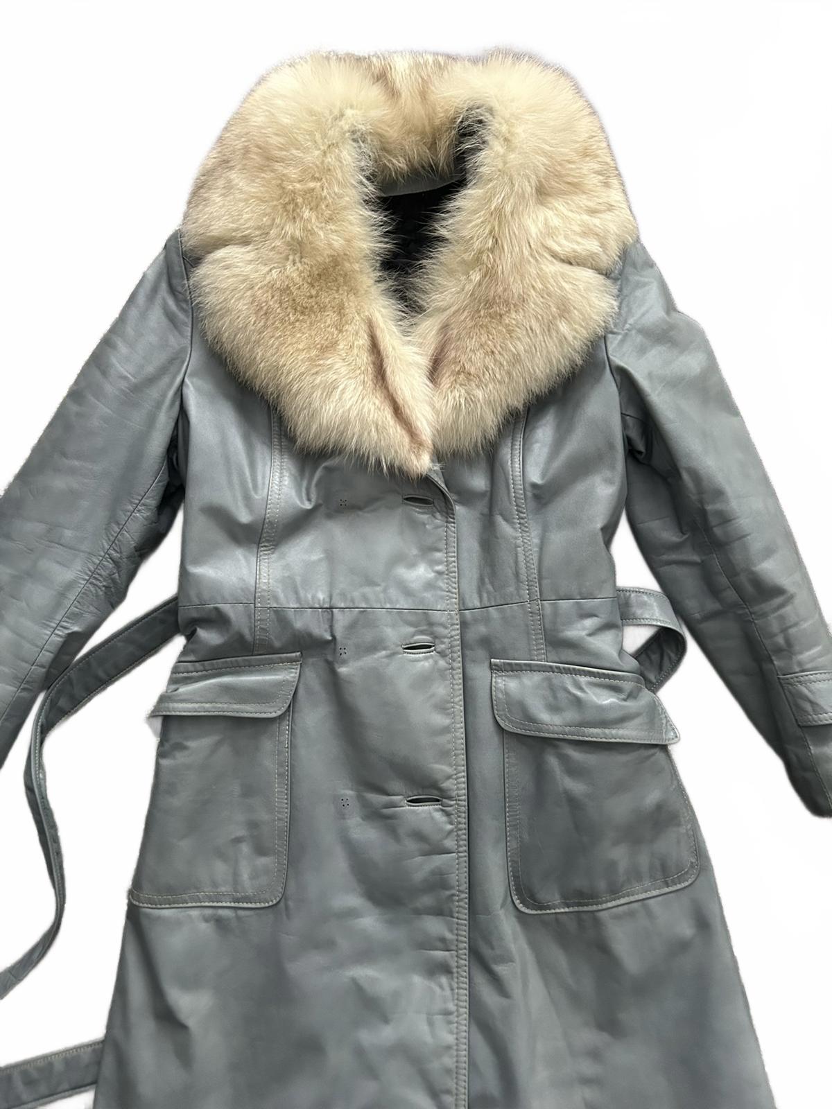 Women's Gray Leather Trench Coat with Real Fur Collar