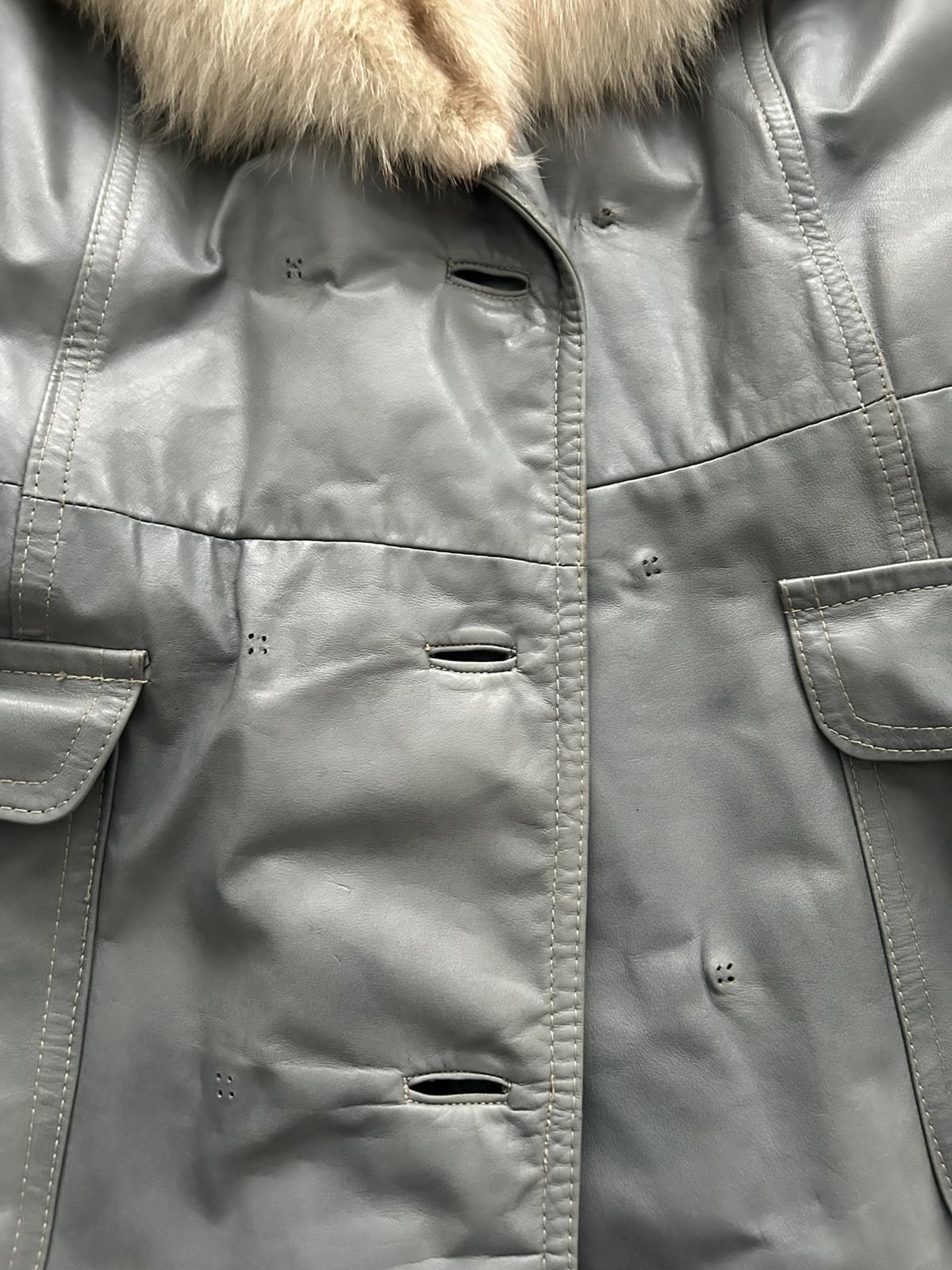 Women's Gray Leather Trench Coat with Real Fur Collar